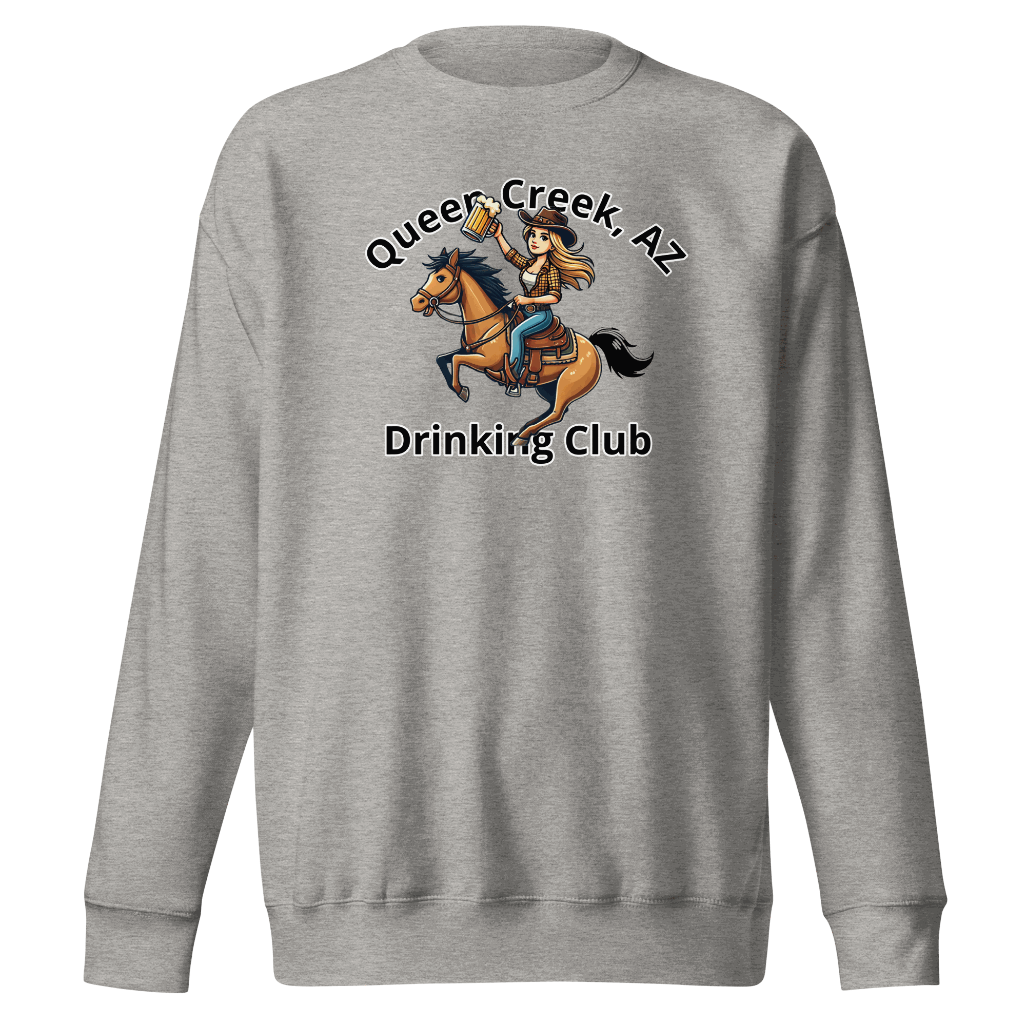 Queen Creek Drinking Club sweatshirt with playful design for cozy casual wear