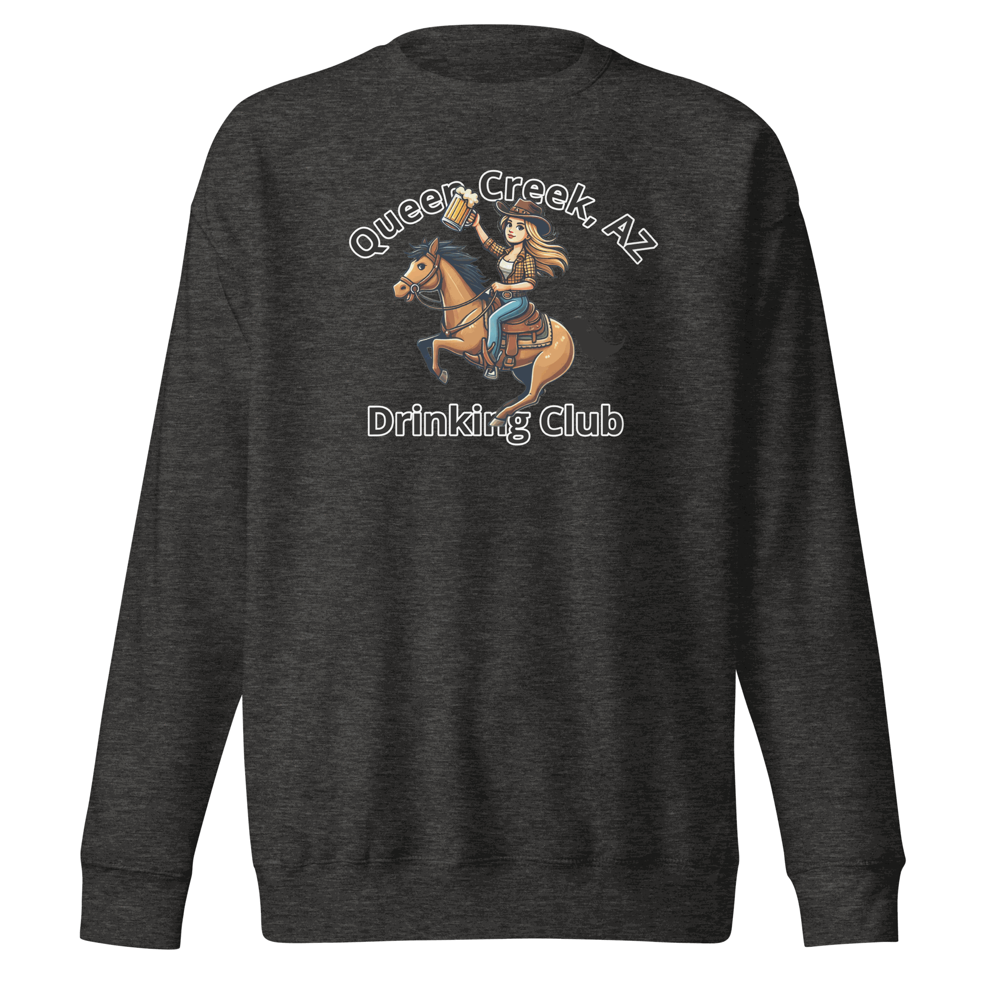 Queen Creek Drinking Club sweatshirt with playful design for cozy casual wear