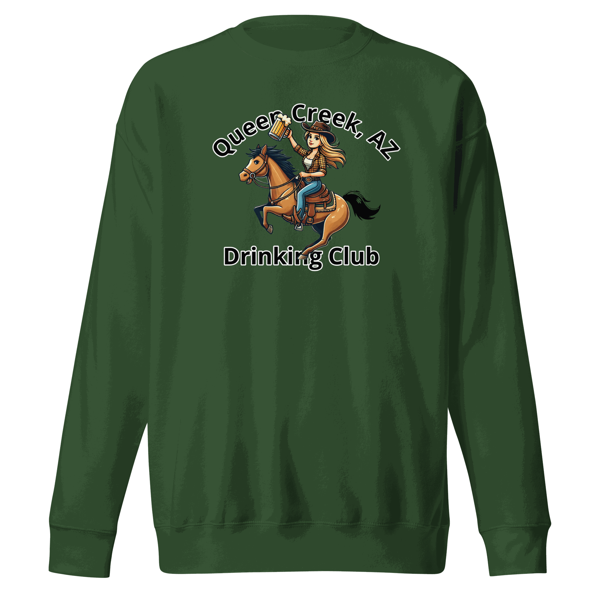 Queen Creek Drinking Club sweatshirt with playful design for casual comfort and style