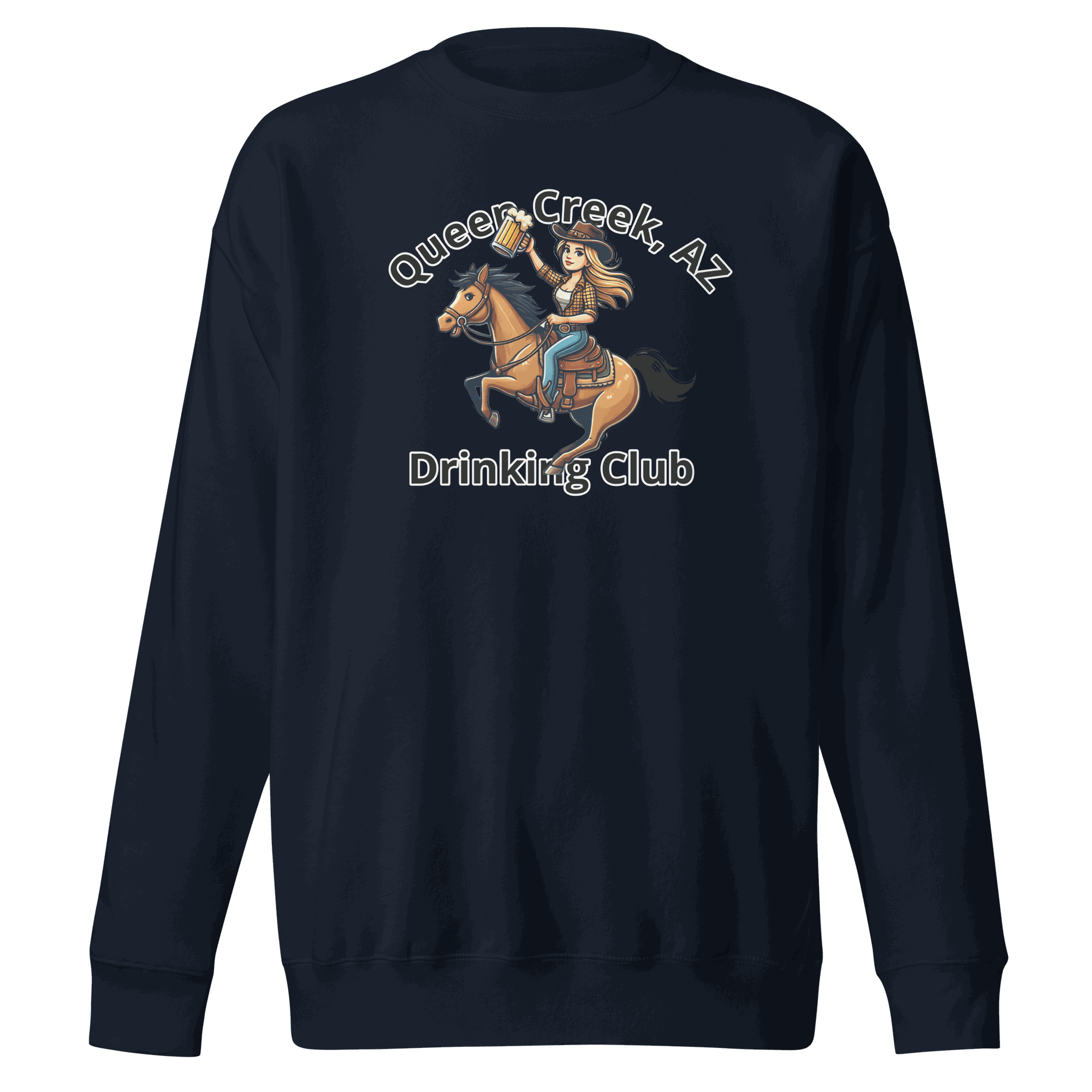 Queen Creek Drinking Club sweatshirt with playful design for casual comfort and style