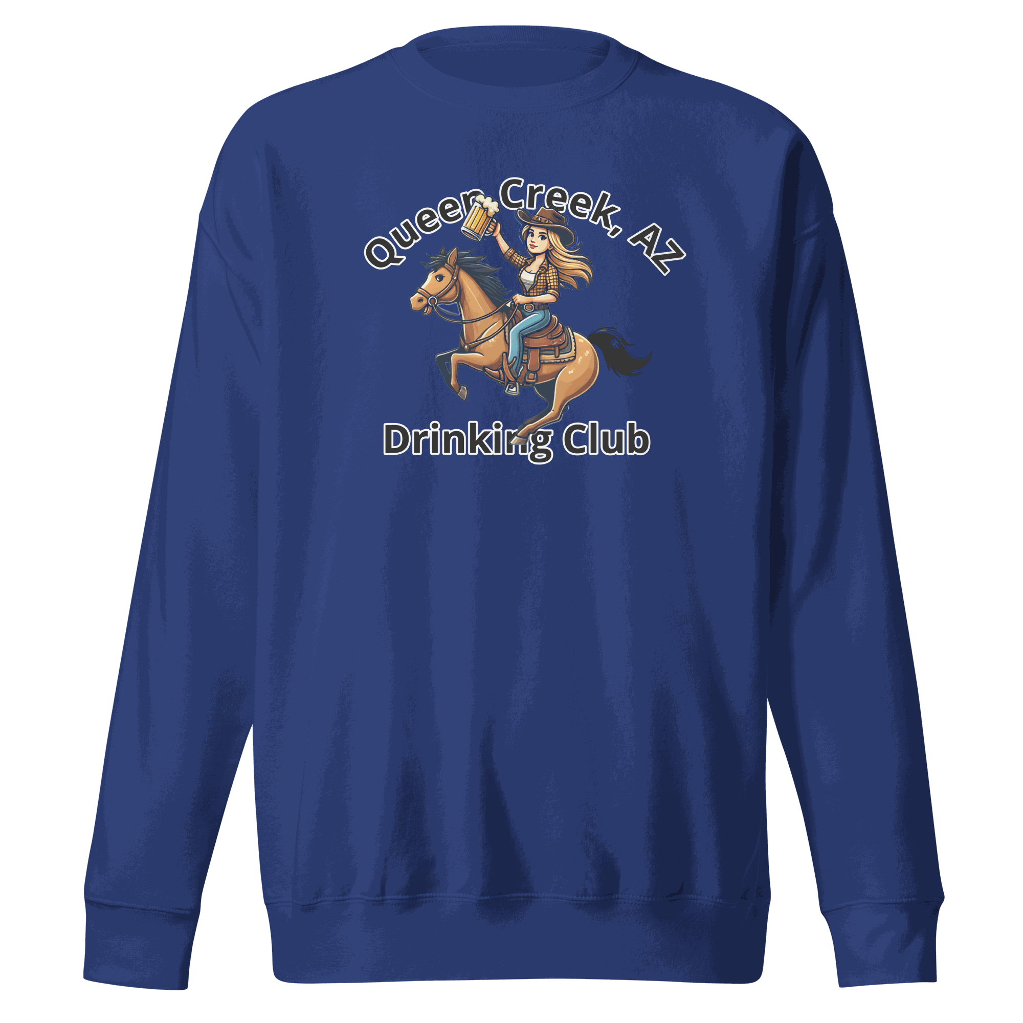 Blue Queen Creek Drinking Club Sweatshirt with horse rider graphic and text design