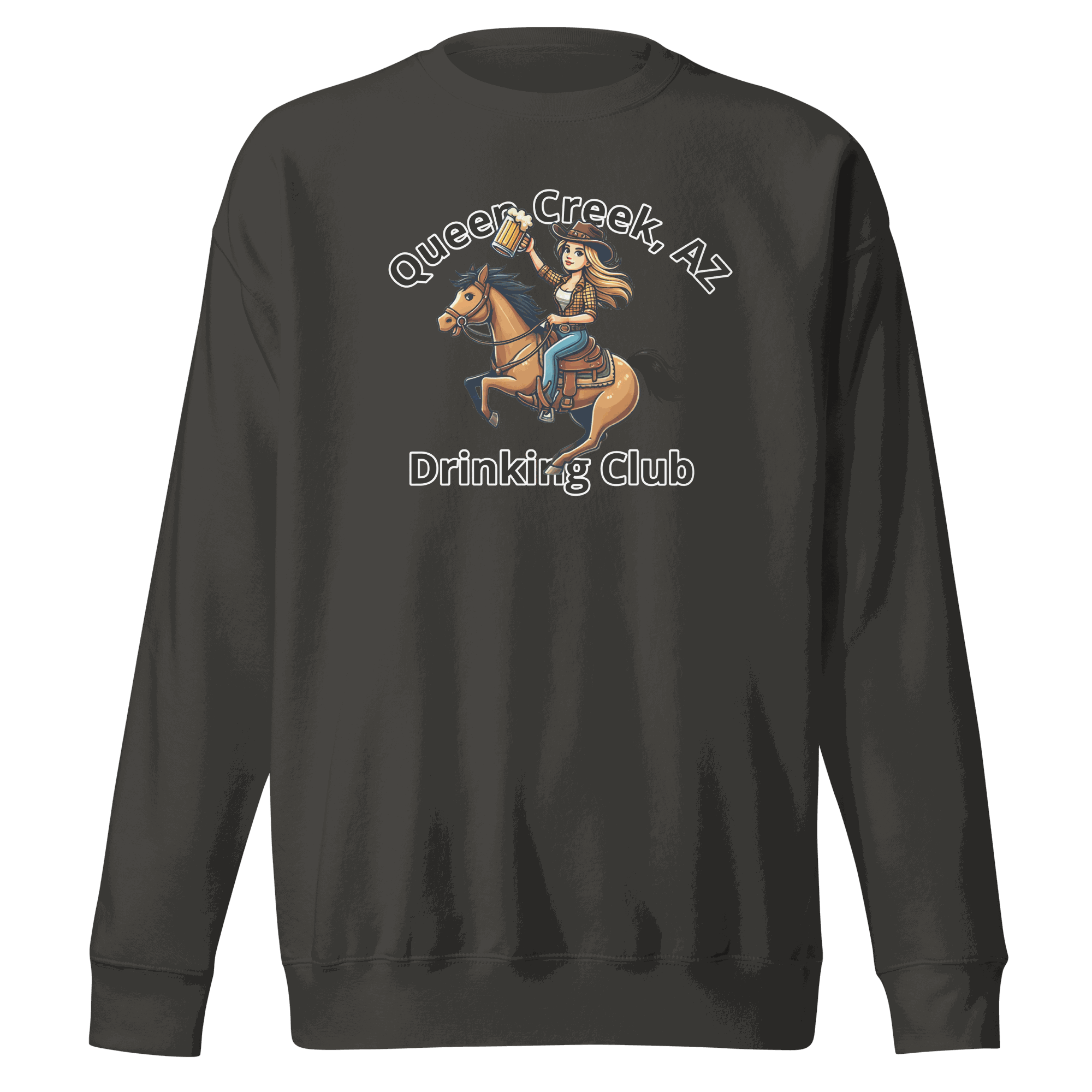 Black Queen Creek Drinking Club Sweatshirt with cowboy on horse graphic and text