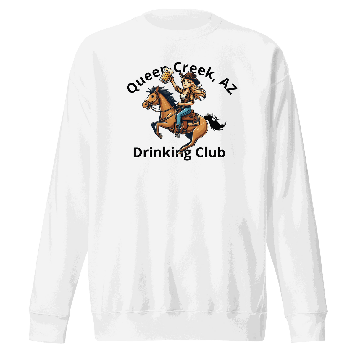 Queen Creek Drinking Club sweatshirt with playful design for cozy casual wear
