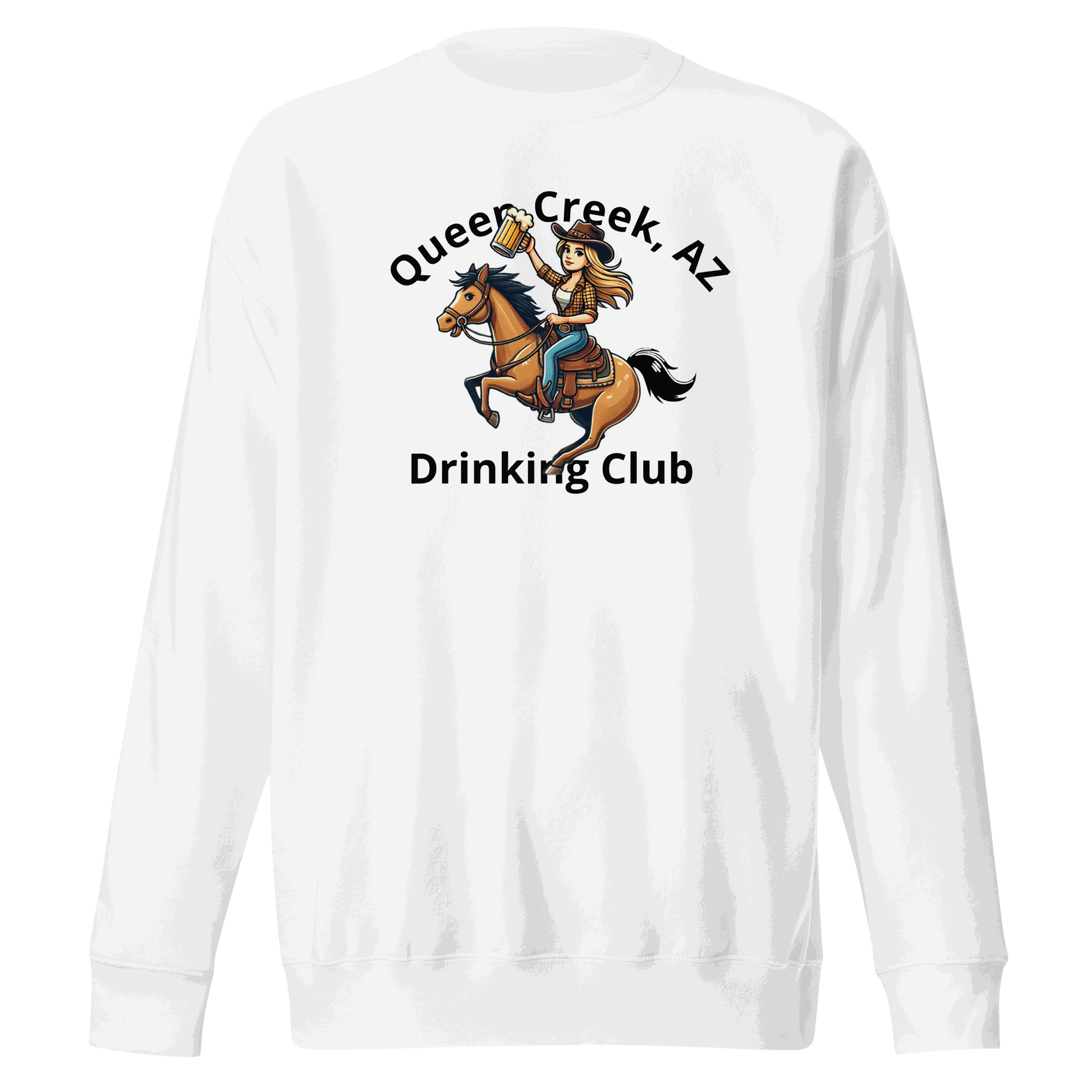 Queen Creek Drinking Club sweatshirt with playful design for cozy casual wear