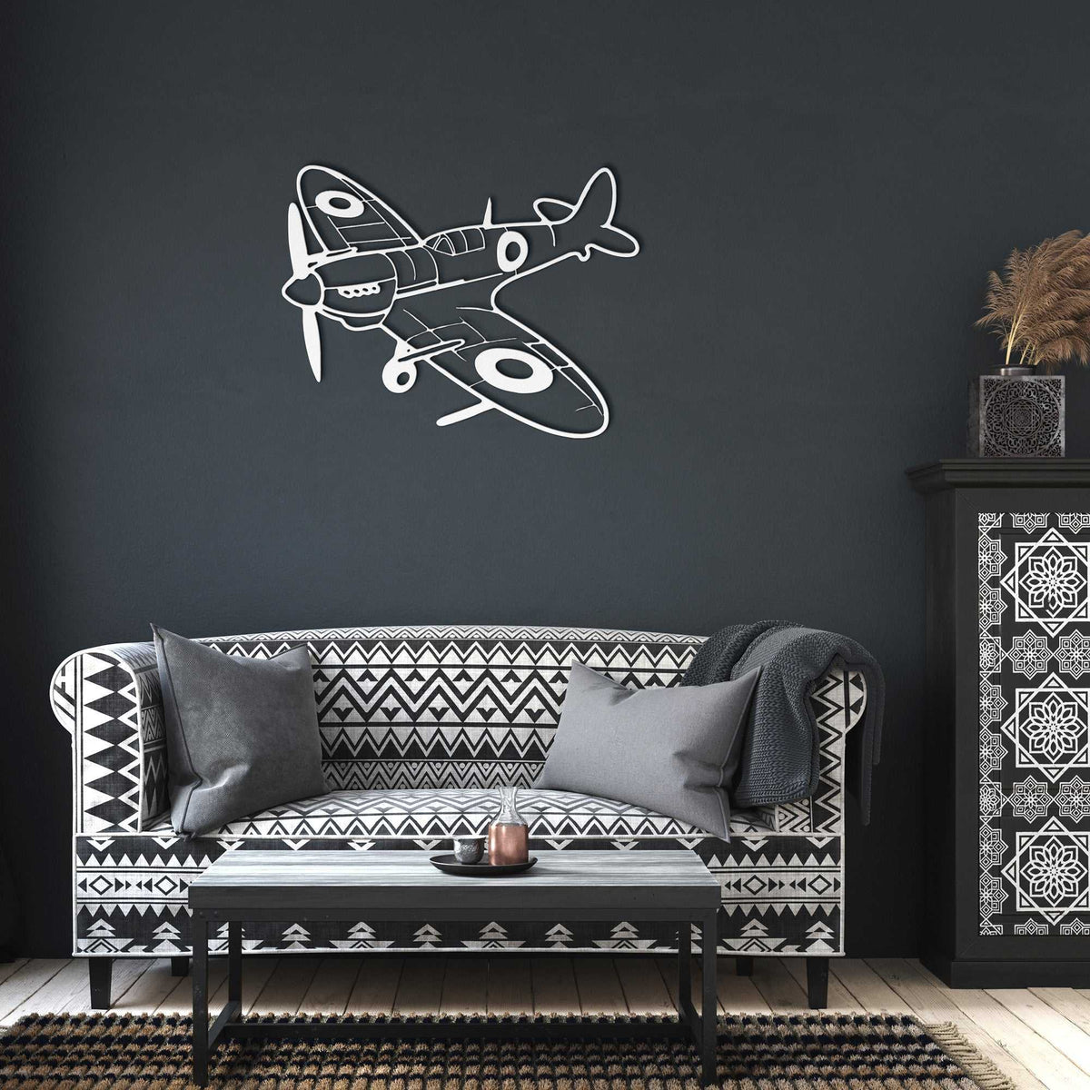 Spitfire WWII Fighter metal wall art in garage aviation decor