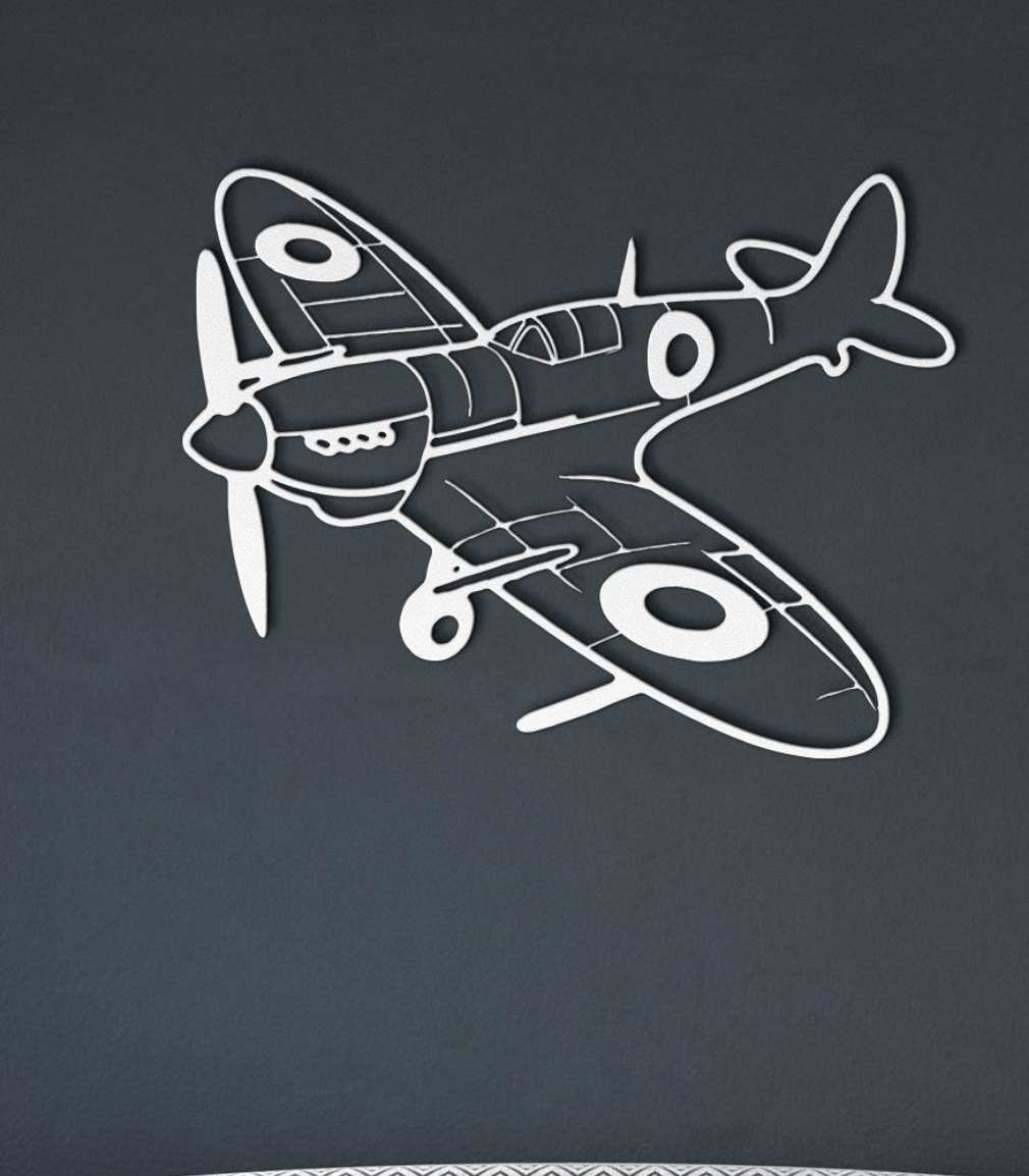 Spitfire WWII Fighter metal wall art in black for garage aviation decor