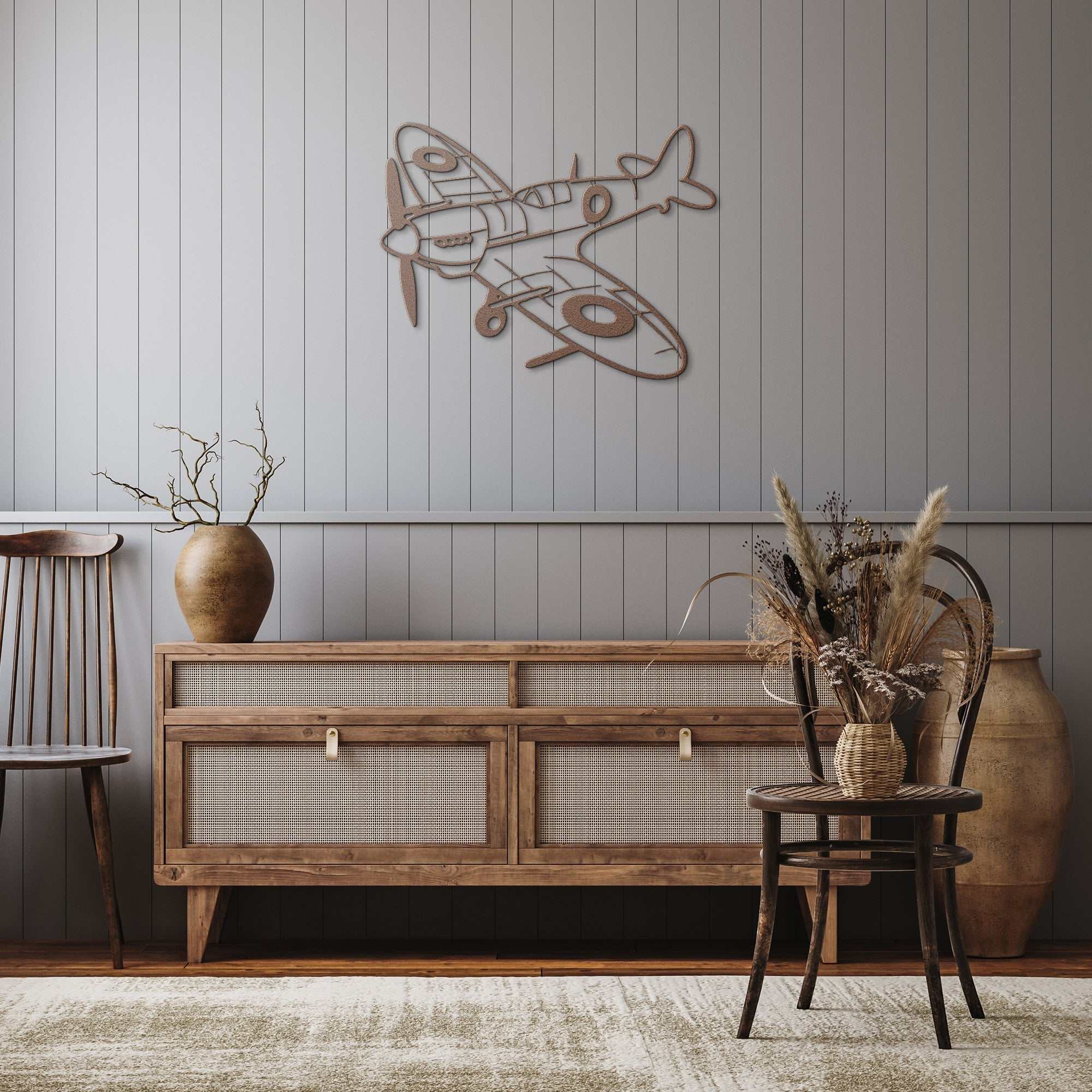 Spitfire WWII Fighter metal wall art in copper finish displayed in vintage living room decor