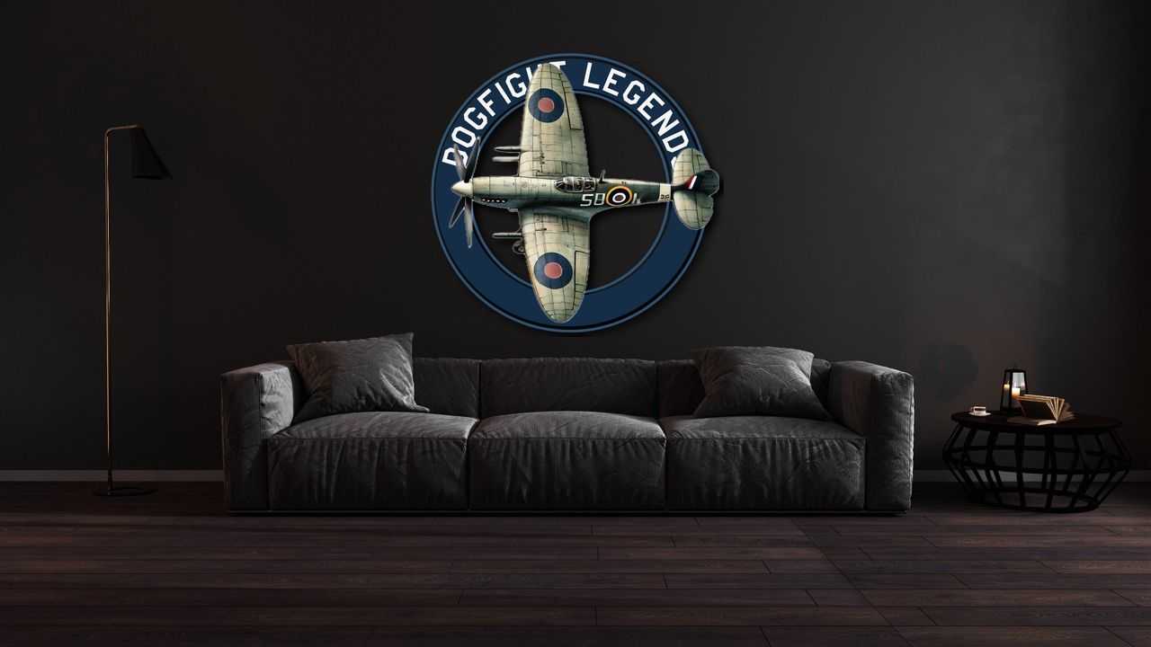 Multicolor metal sign featuring Spitfire dogfight aircraft on a dark wall above a gray sofa in a modern living room