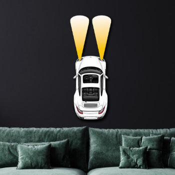 PCAR Headlights White wall art decor featuring a white car with illuminated headlights above green sofa