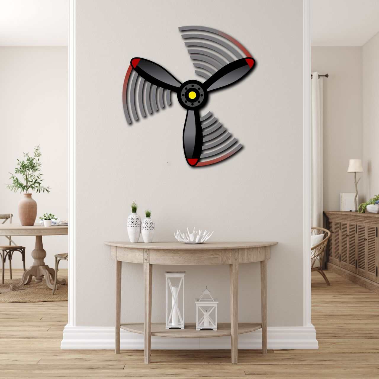 Multicolor metal sign propeller spin wall art in modern home decor setting