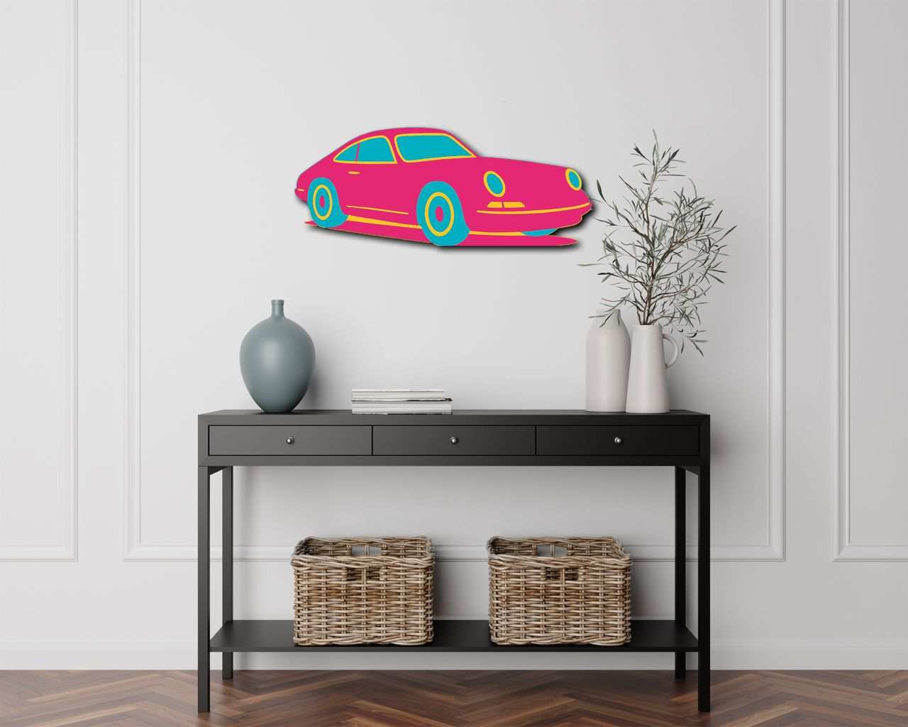 Multicolor metal sign of a sports car wall art, durable 16-gauge steel, indoor and outdoor decoration