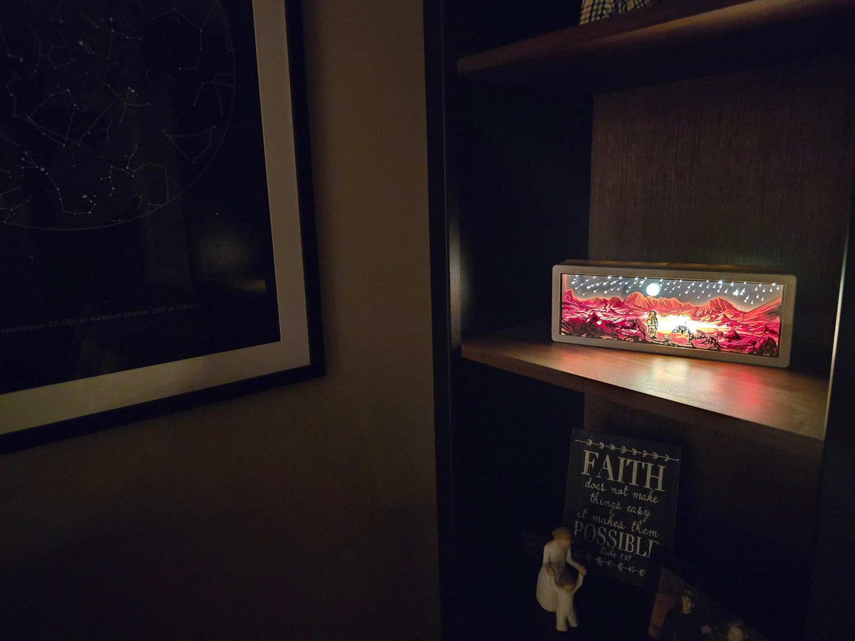 Walking on Mars 3D Paper Light glowing Martian scene with LED illumination