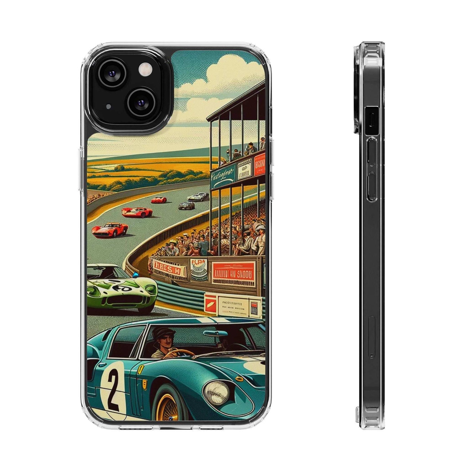 Clear Vintage Grand Prix phone case with retro racing track and classic car design, impact-resistant and MagSafe compatible