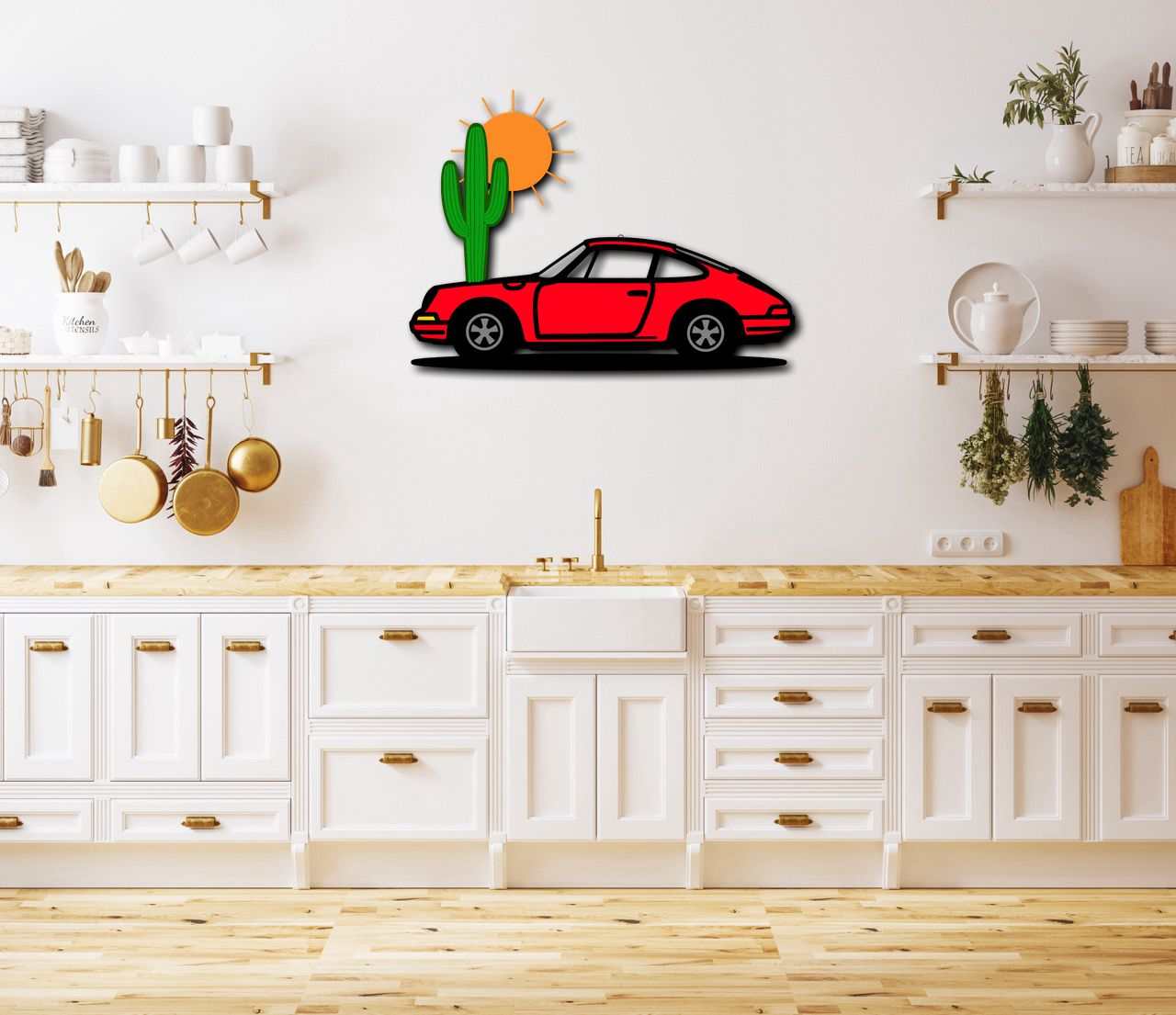 Desert sunset sports car wall sign with red car, cactus, and sun decor mounted in modern kitchen