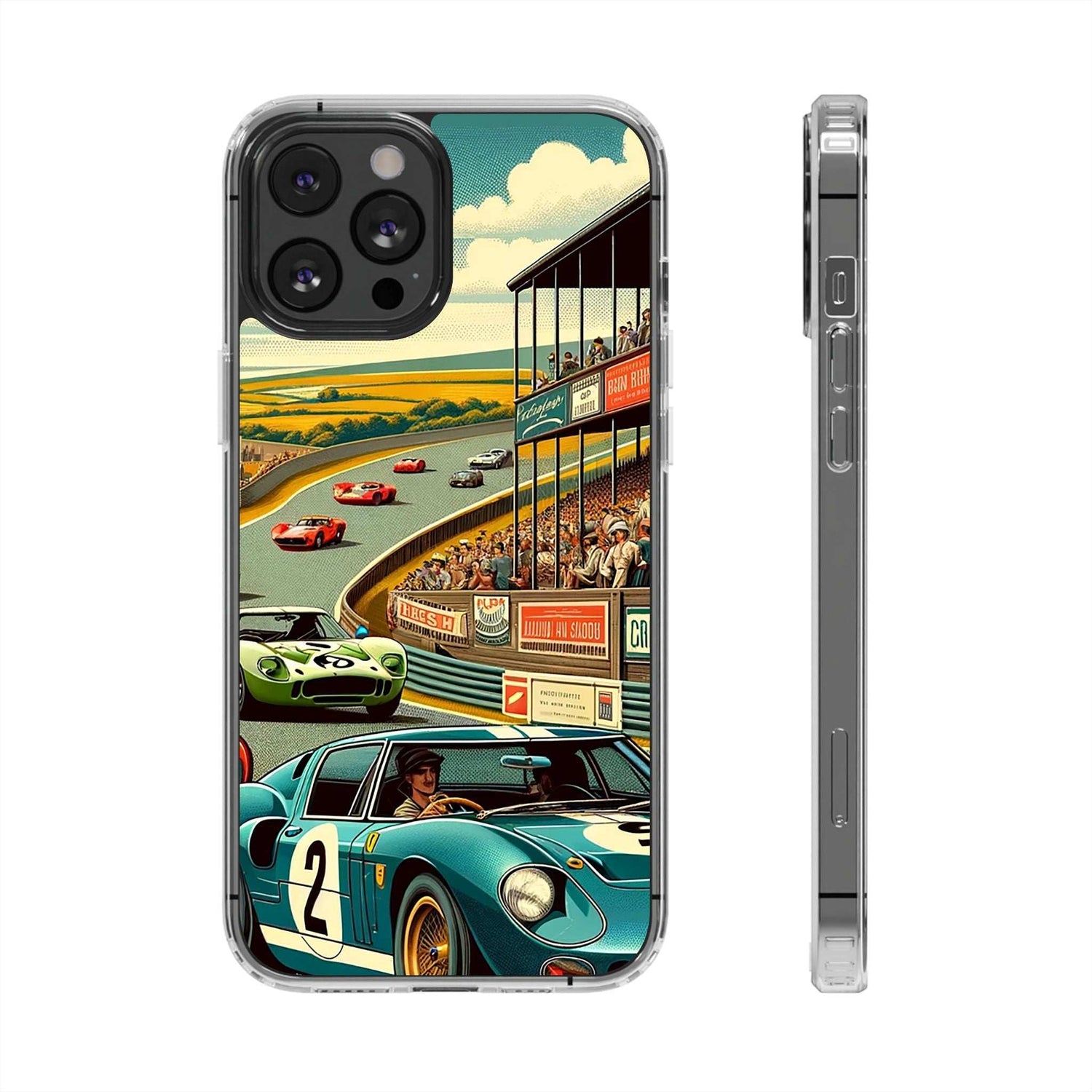 Clear Vintage Grand Prix phone case with retro racetrack and classic cars design