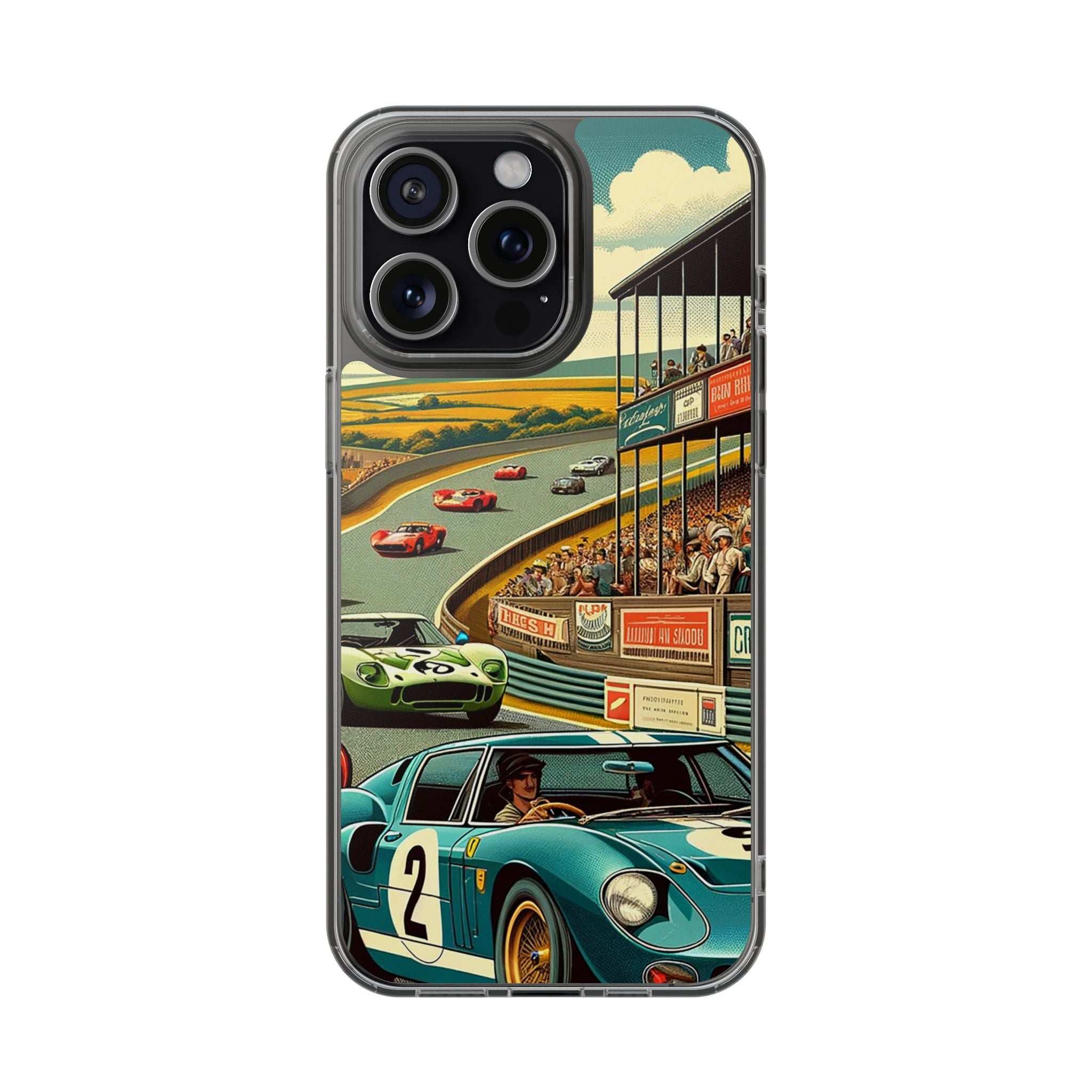 Clear Vintage Grand Prix phone case with retro racetrack and classic car design