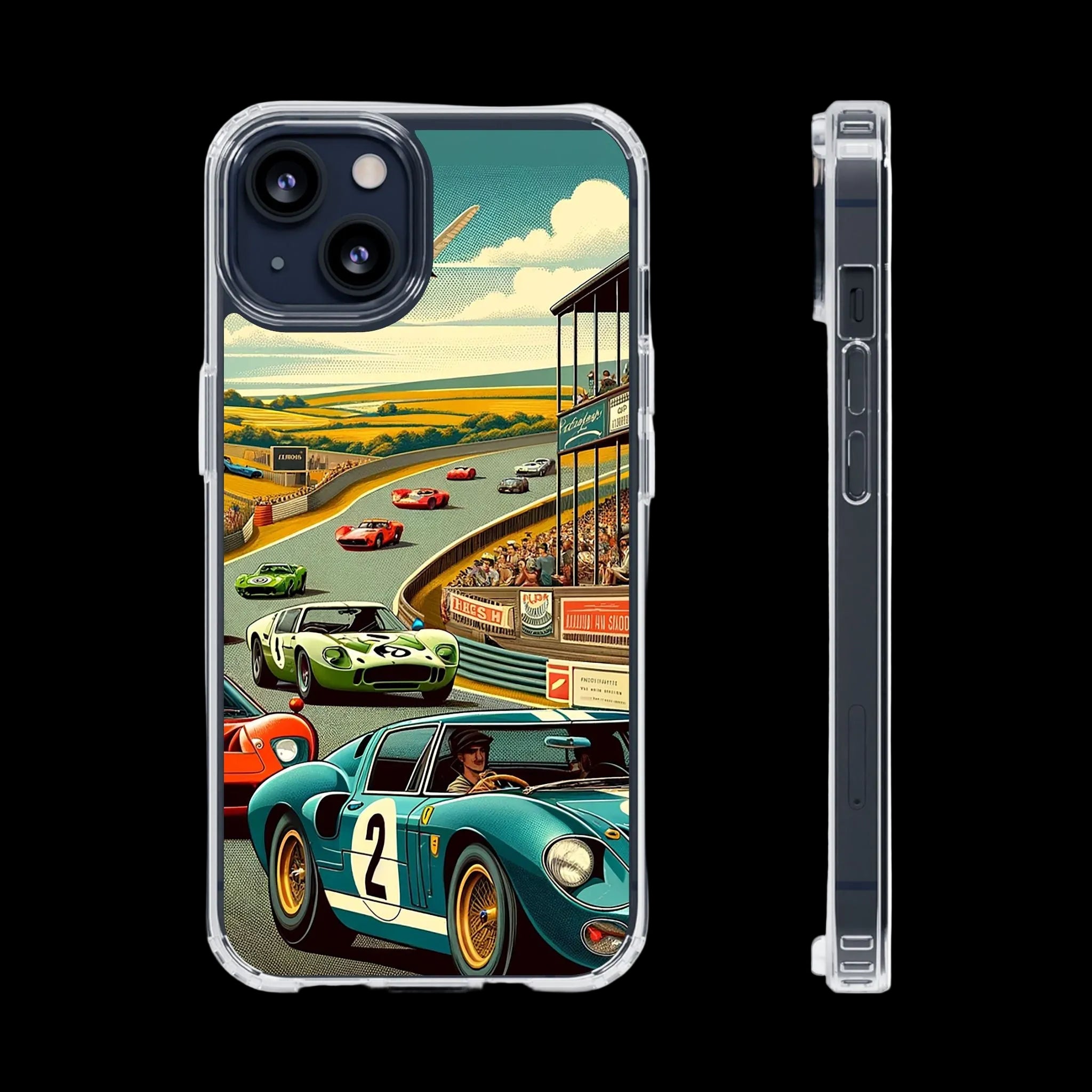 Phone case with vintage race car design on a white background