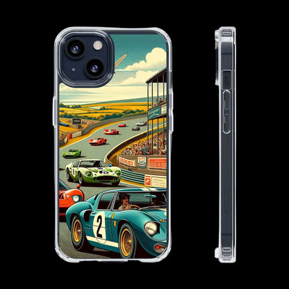Phone case with vintage race car design on a white background