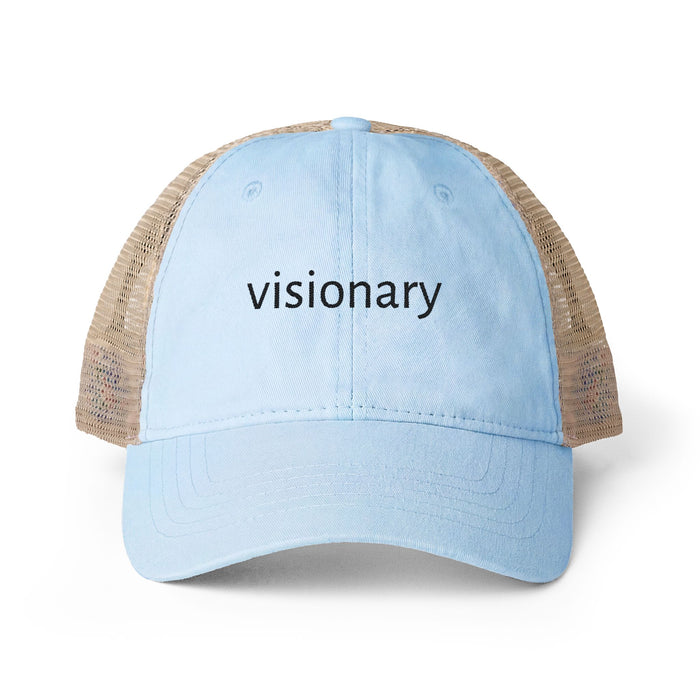 Light blue cap with 'visionary' text on a white background