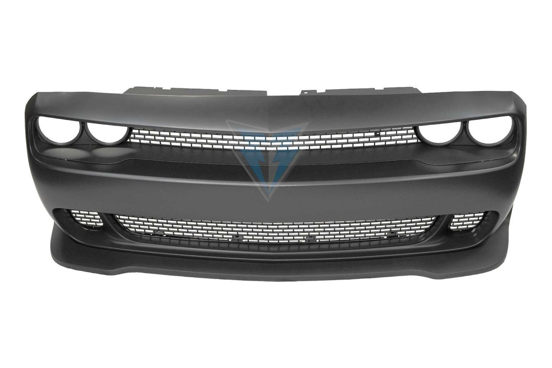 2015-2023 Dodge Challenger SRT Hellcat style front bumper conversion kit on grey Scat Pack Mustang