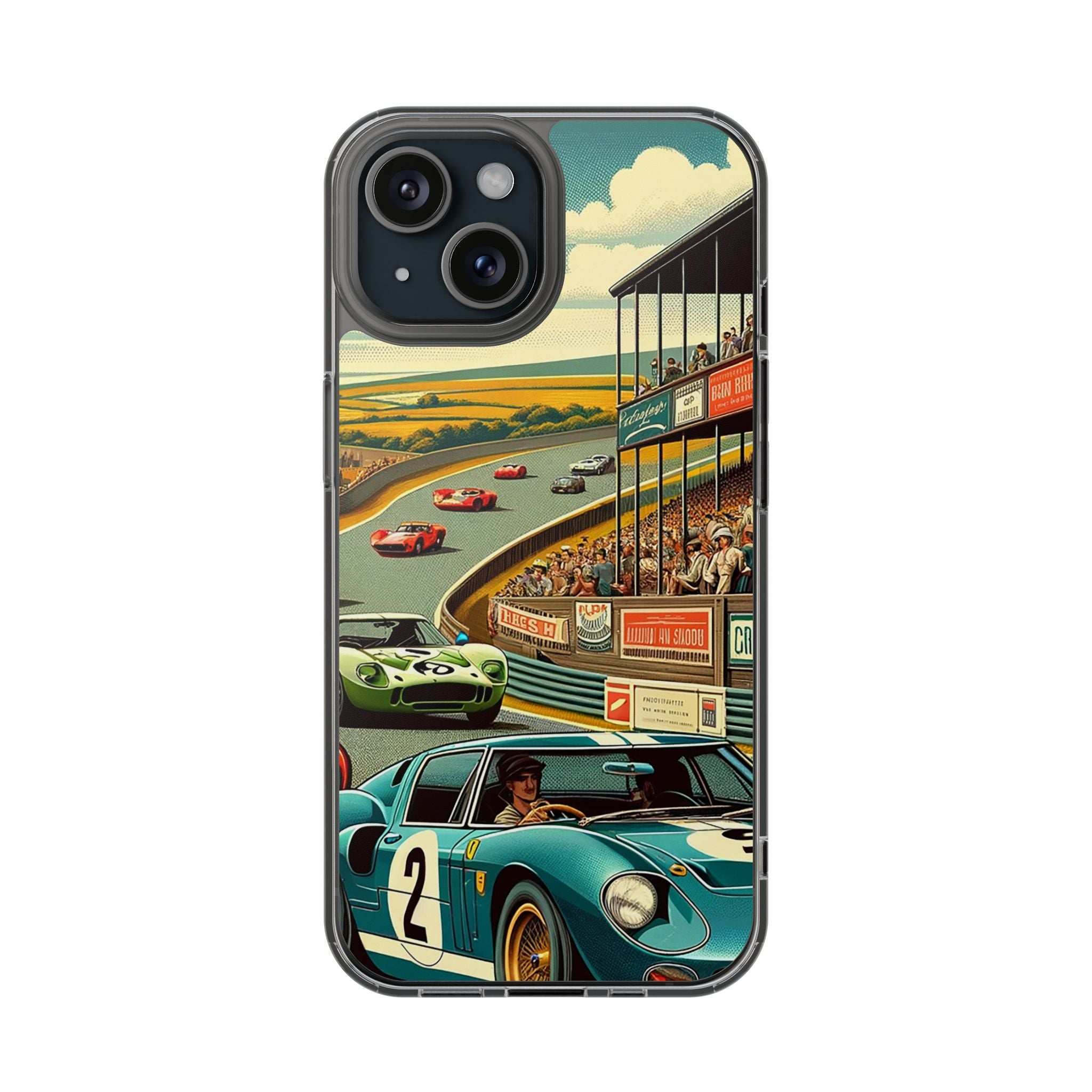 Clear Vintage Grand Prix phone case with retro racetrack and classic racing cars design
