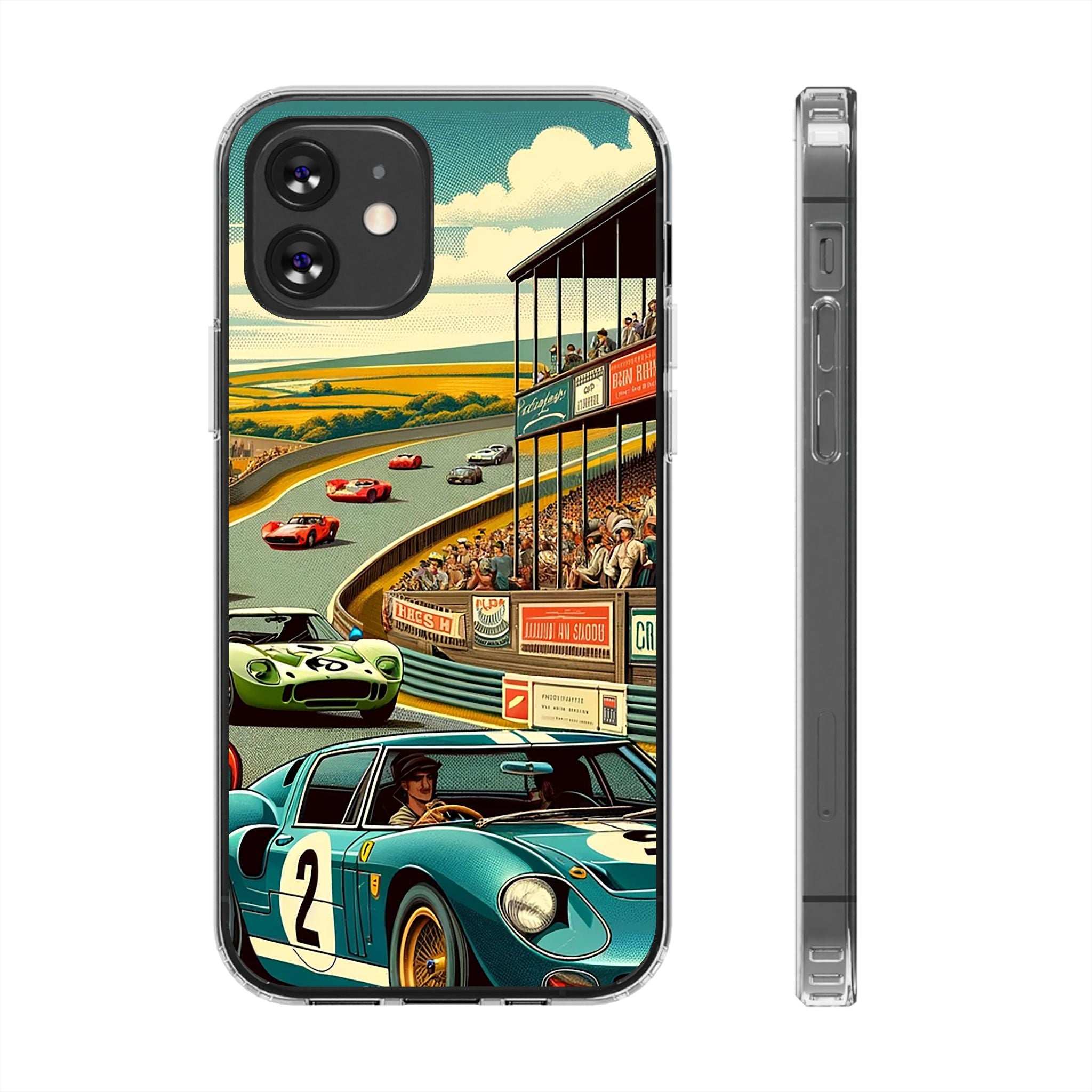 Clear Vintage Grand Prix phone case with retro racetrack and classic racing cars design