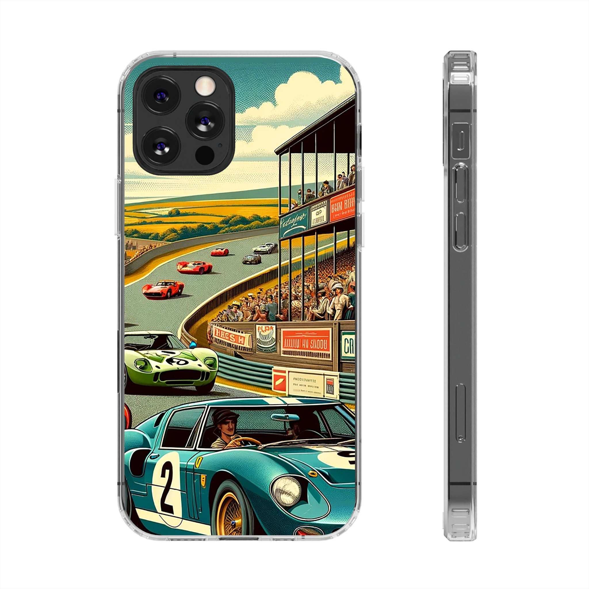 Vintage Grand Prix phone case with retro racetrack and classic car design, clear impact-resistant shell with MagSafe compatibility