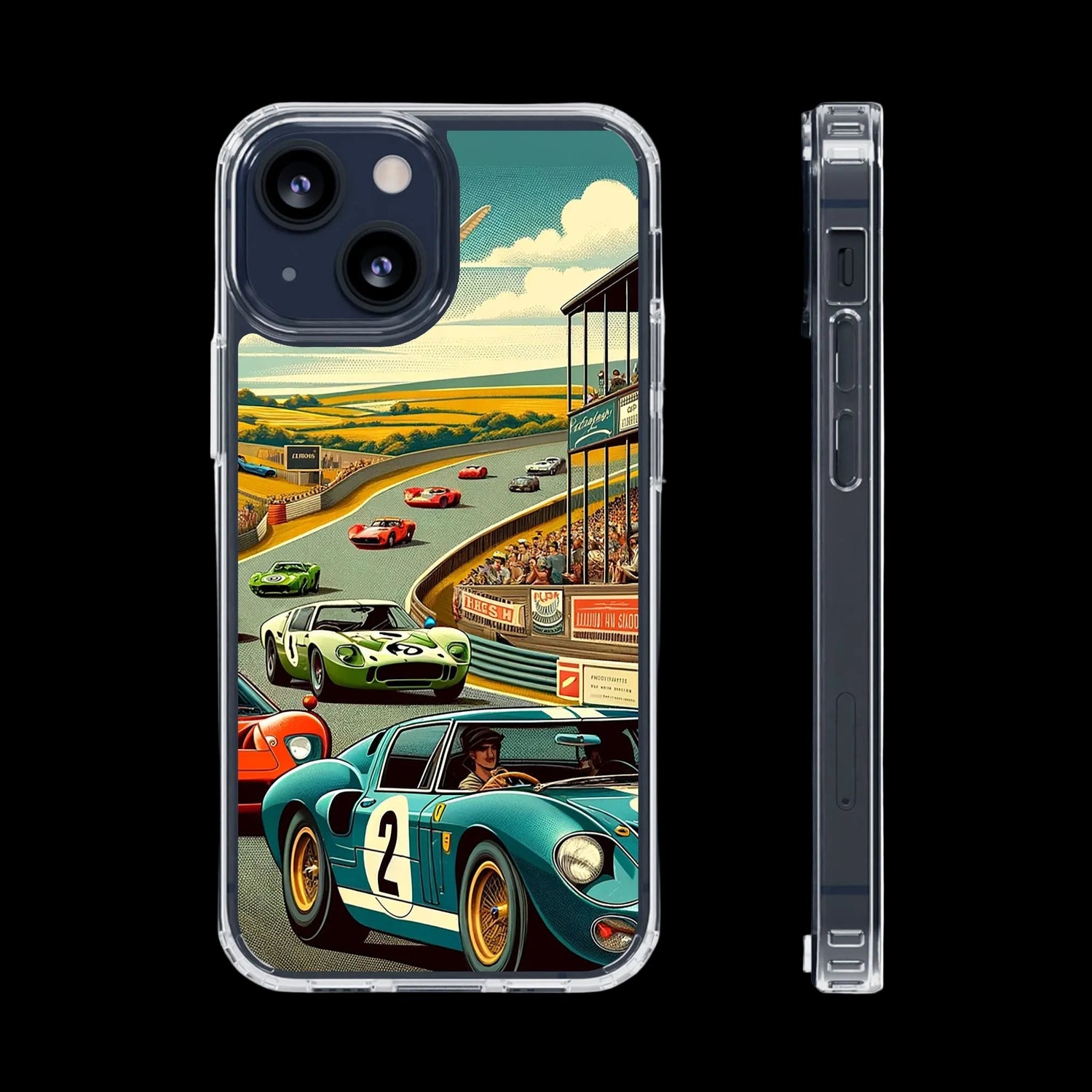 Phone case with vintage race car design on a white background