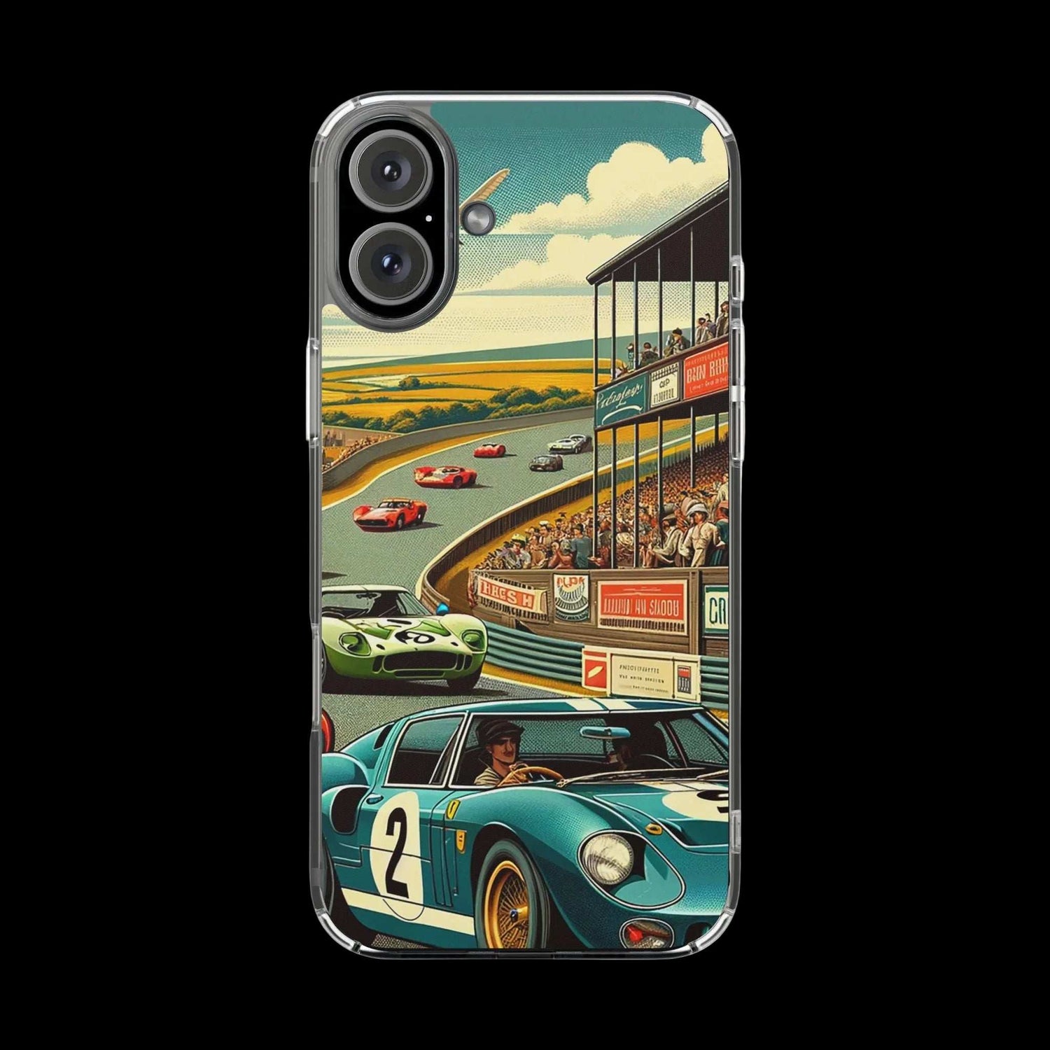 Vintage Grand Prix phone case with retro race track and classic cars design on clear protective shell