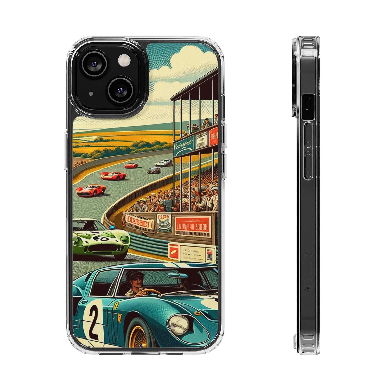 Clear Vintage Grand Prix phone case with retro racetrack and classic car design, impact-resistant and MagSafe compatible