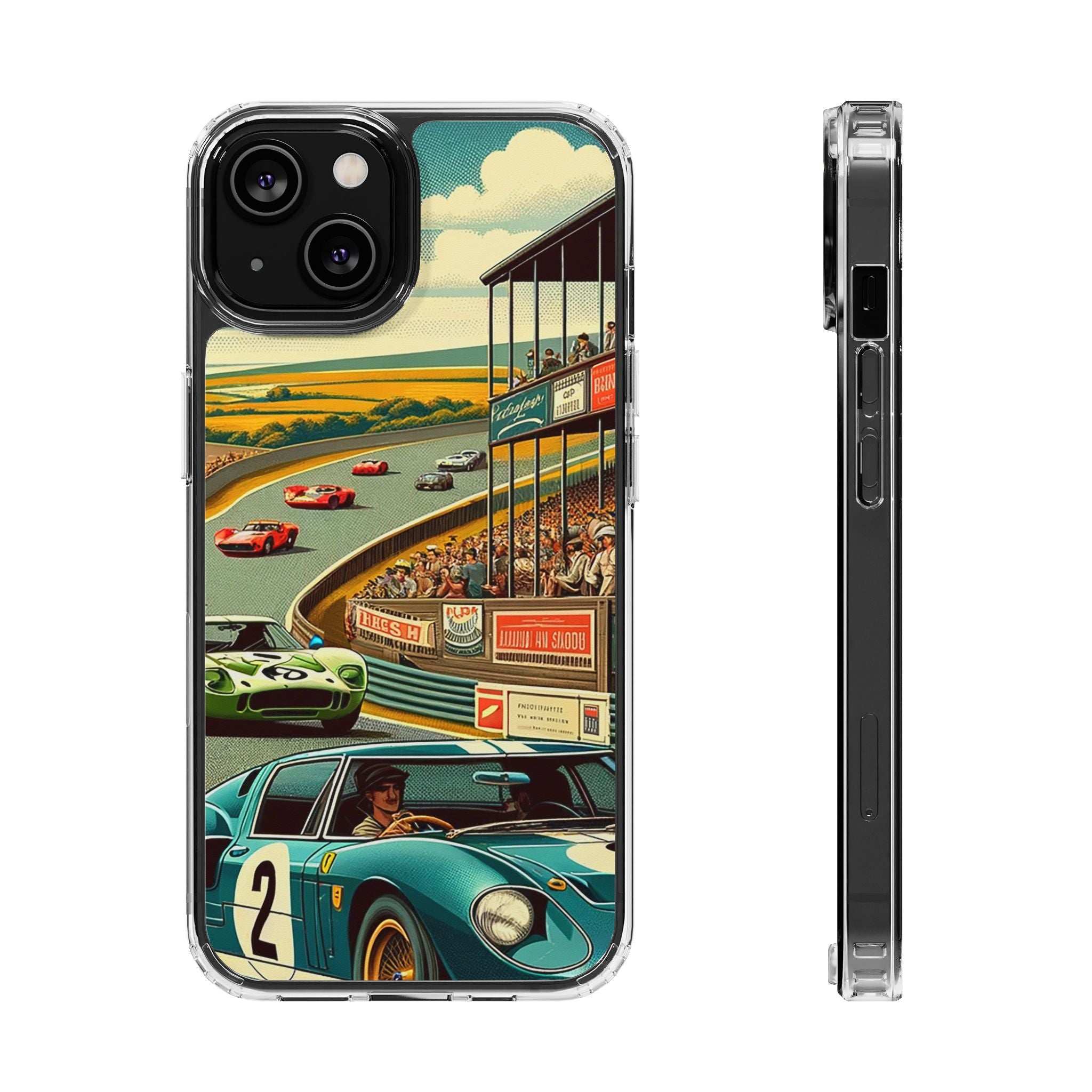 Clear Vintage Grand Prix phone case with retro racetrack and classic car design, impact-resistant and MagSafe compatible