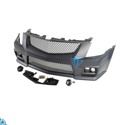 Front view of black Cadillac CTS wagon with CTS-V style front bumper conversion kit by E3Tuning