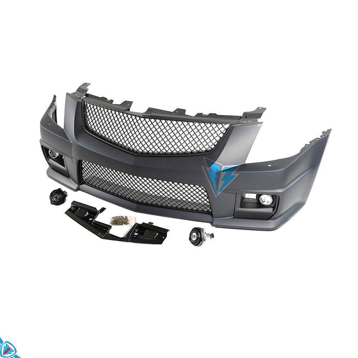 Front view of black Cadillac CTS wagon with CTS-V style front bumper conversion kit by E3Tuning