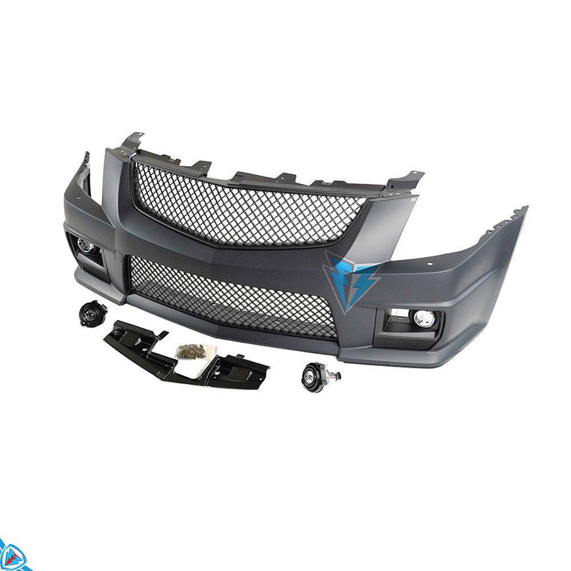 Front view of black Cadillac CTS wagon with CTS-V style front bumper conversion kit by E3Tuning