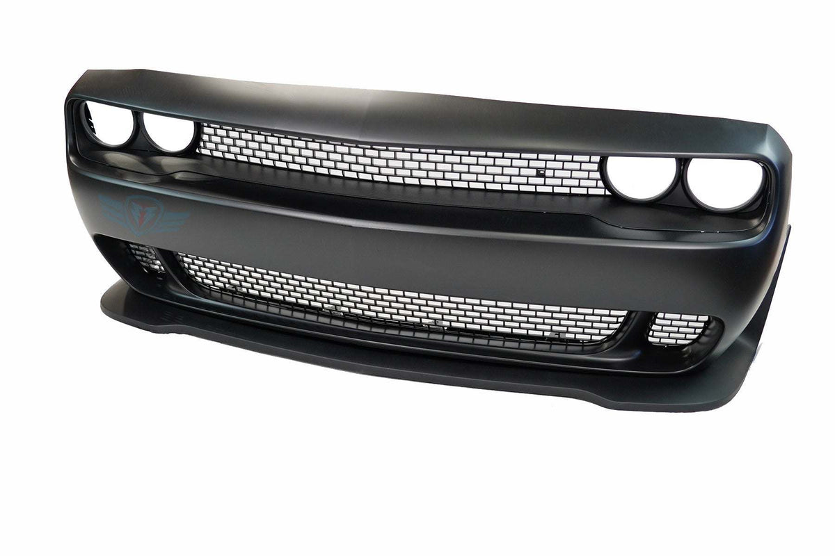 2015-2023 Dodge Challenger SRT Hellcat style front bumper conversion kit installed on grey Scat Pack model