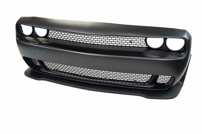 2015-2023 Dodge Challenger SRT Hellcat style front bumper conversion kit installed on grey Scat Pack model