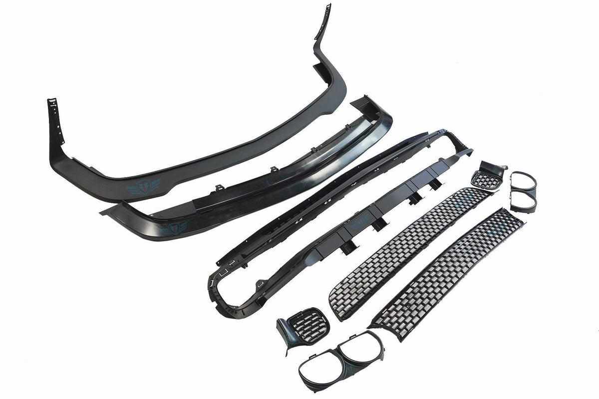 2015-2023 Dodge Challenger SRT Hellcat style front bumper conversion kit on grey Scat Pack model
