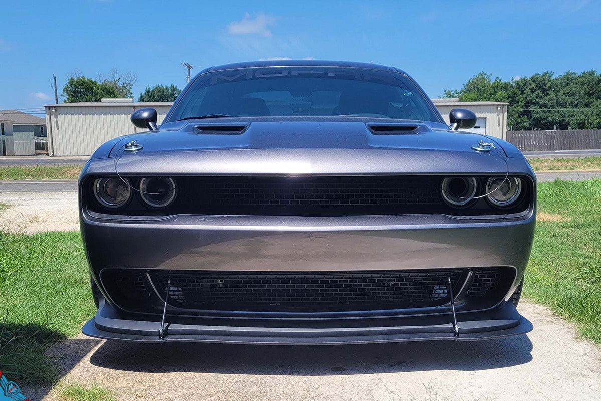 2015-2023 Dodge Challenger SRT Hellcat style front bumper conversion kit on grey Scat Pack and white Challenger