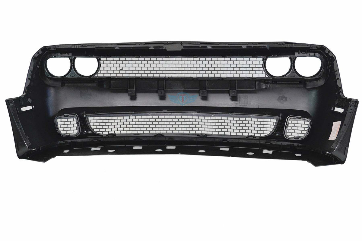 2015-2023 Dodge Challenger SRT Hellcat style front bumper conversion kit installed on grey Scat Pack model