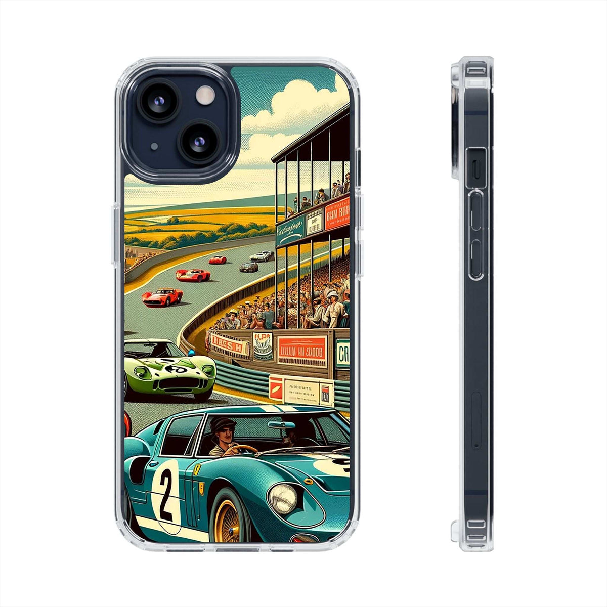 Vintage Grand Prix phone case featuring retro racetrack and classic cars design on clear protective shell
