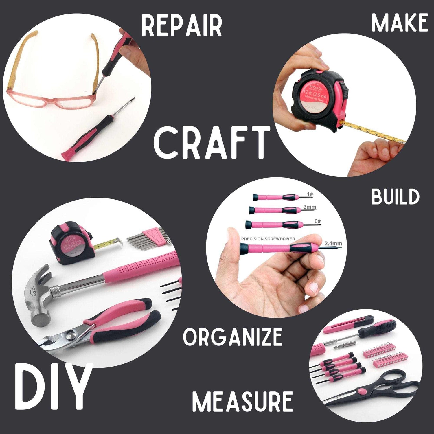 39 Piece General Tool Set pink with hammer, pliers, tape measure, screwdrivers, hex keys, and scissors for DIY repairs and crafting