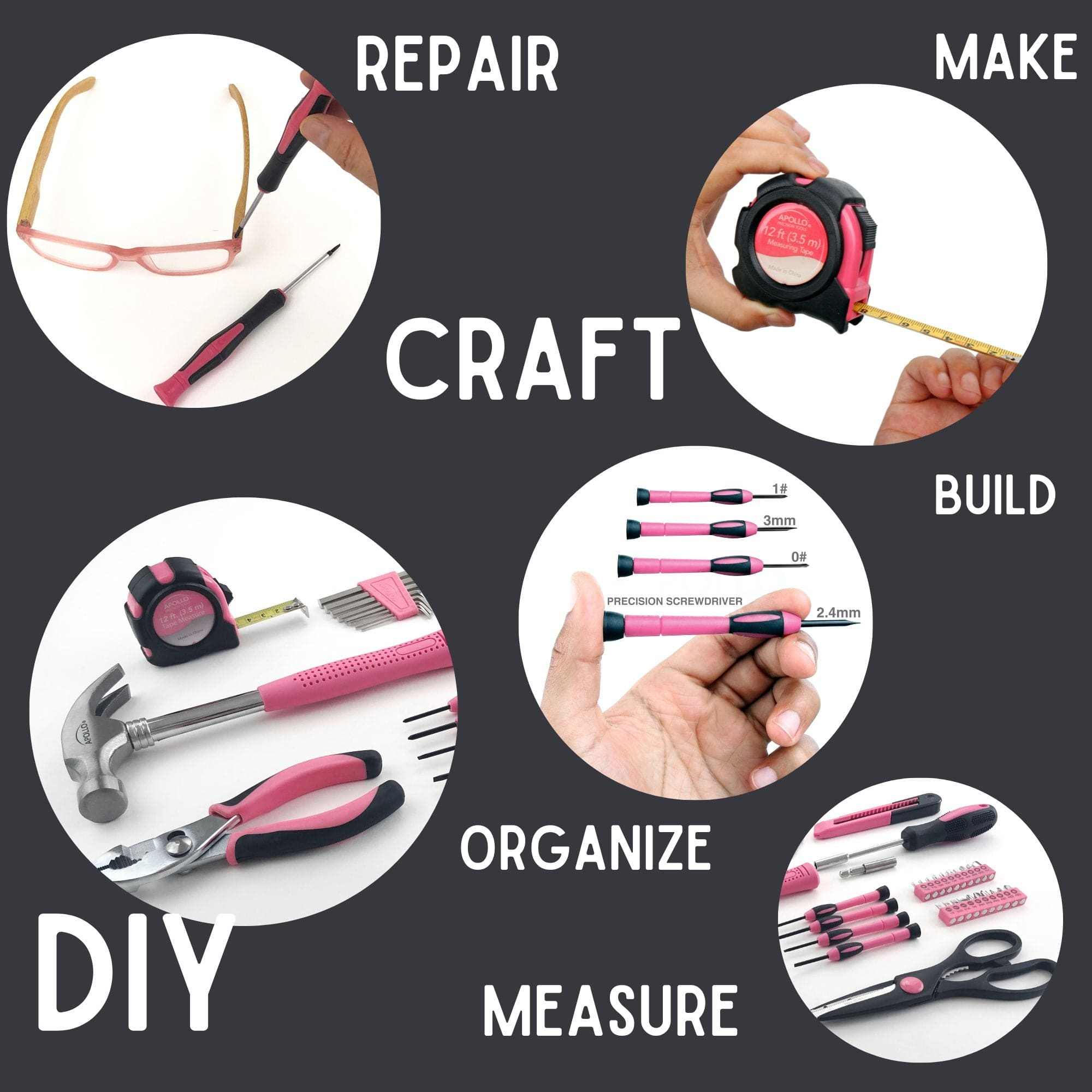 39 Piece General Tool Set pink with hammer, pliers, tape measure, screwdrivers, hex keys, and scissors for DIY repairs and crafting