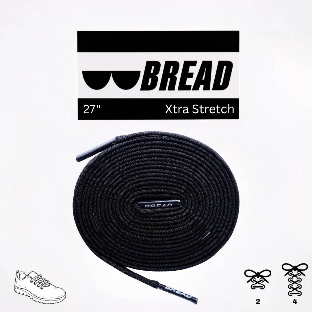 Shadow Black stretchy Bread Laces securely tied on black shoes