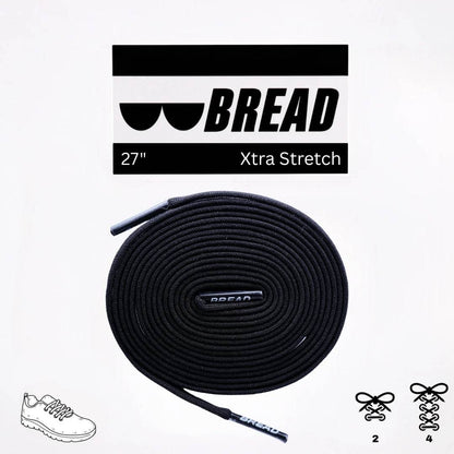Shadow Black stretchy Bread Laces securely tied on black shoes