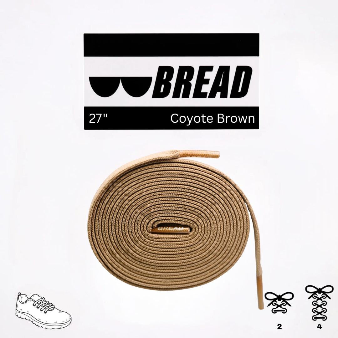 Stretchy Coyote Brown Bread Laces securing shoes with one tie