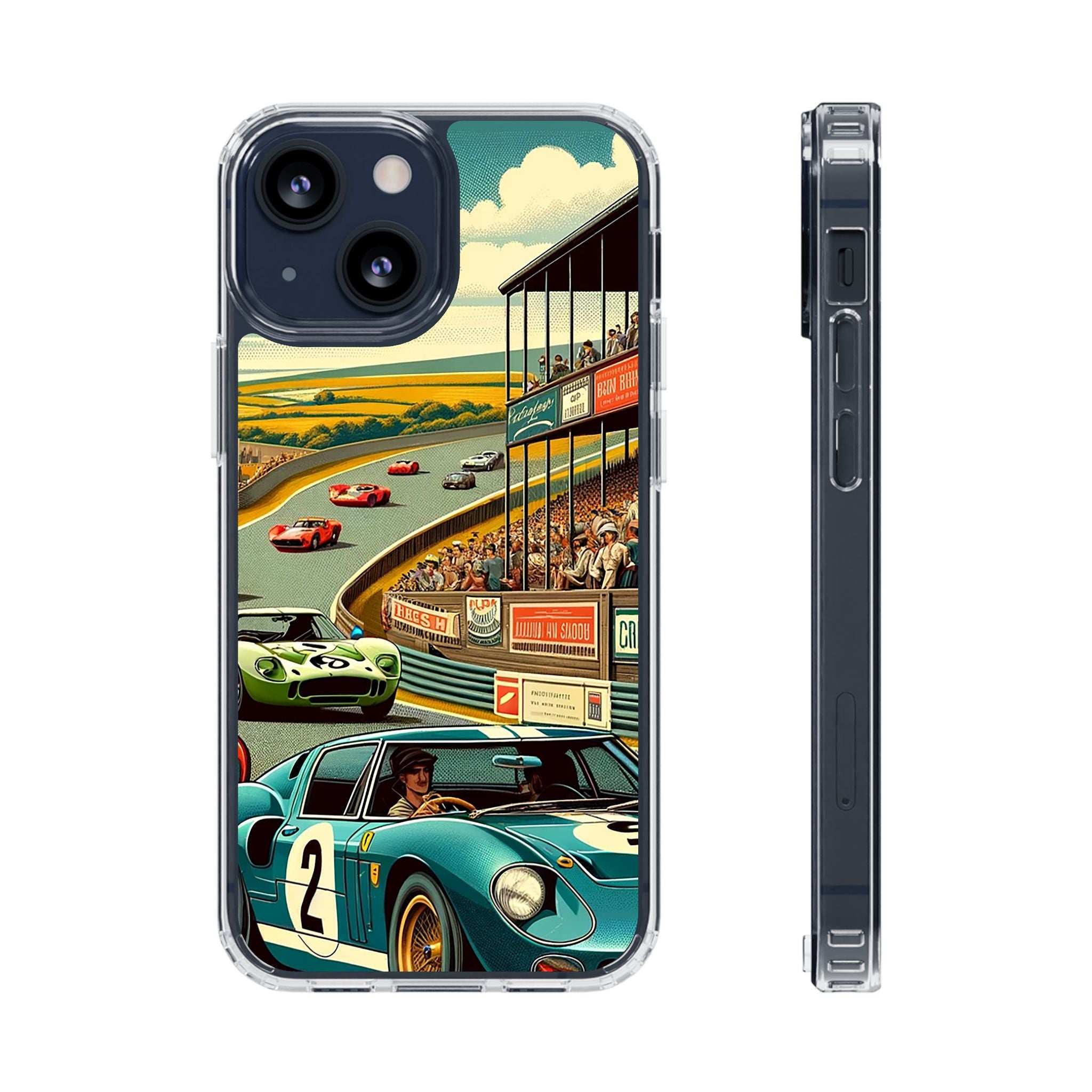 Clear Vintage Grand Prix phone case with retro race track and classic car design, impact-resistant with MagSafe compatibility