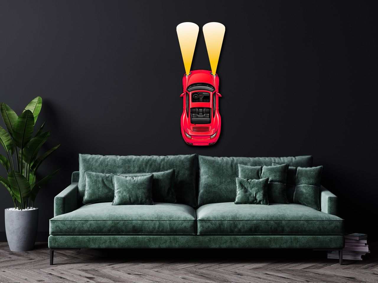 Metal car wall art in red with bold headlights mounted on black wall above green sofa in modern living room