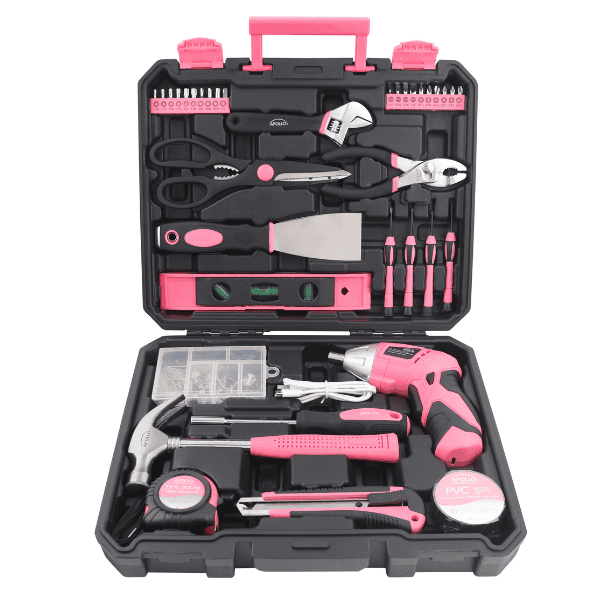 New and Improved 135 Piece Pink Household Tool Set with Pivoting Dual-Angle 3.6 Volt Lithium-Ion Cordless Screwdriver in Hard Case - DT0774P - Prop and Piston