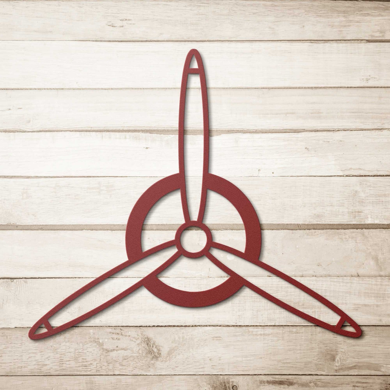 Elegant metal sign with red 3-blade propeller design, powder-coated steel wall decor
