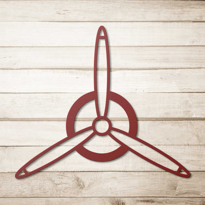 Elegant metal sign with red 3-blade propeller design, powder-coated steel wall decor